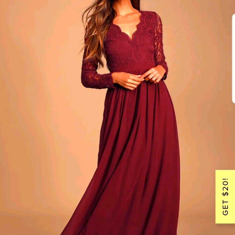 Awaken My Love Burgundy Long Sleeve Lace Maxi Dress